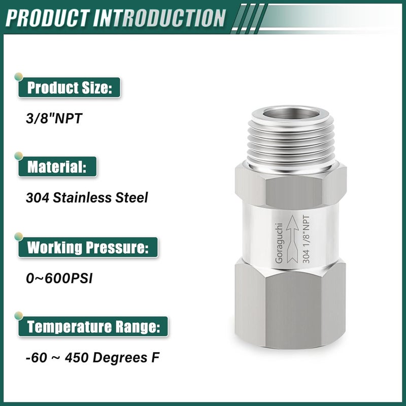 Goraguchi صمام فحص ذكر 3/8" NPT من الفولاذ المقاوم للصدأ 1 قطعة x صمام فحص أنثى 3/8" NPT، صمامات فحص غير قابلة للعودة، منع التدفق العكسي للوقود/الهواء/السائل/الزيت/الغاز - Image 3